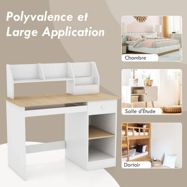 Bureau en Bois pour Enfants et Adolescents Poste de Travail Informatique avec Niche et Bibliothèque Plateau pour Clavier Naturel