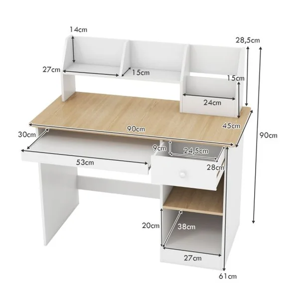 Bureau en Bois pour Enfants et Adolescents Poste de Travail Informatique avec Niche et Bibliothèque Plateau pour Clavier Naturel