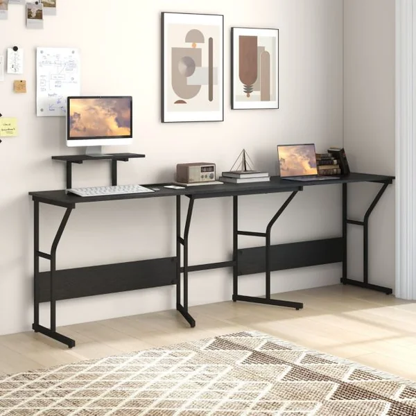 Bureau en Forme de ‘L’ avec Prises de Courant Bureau d'Angle avec Support d'Ecran Amovible Poste de Travail de 225 cm de Long Noir/Marron Rustique