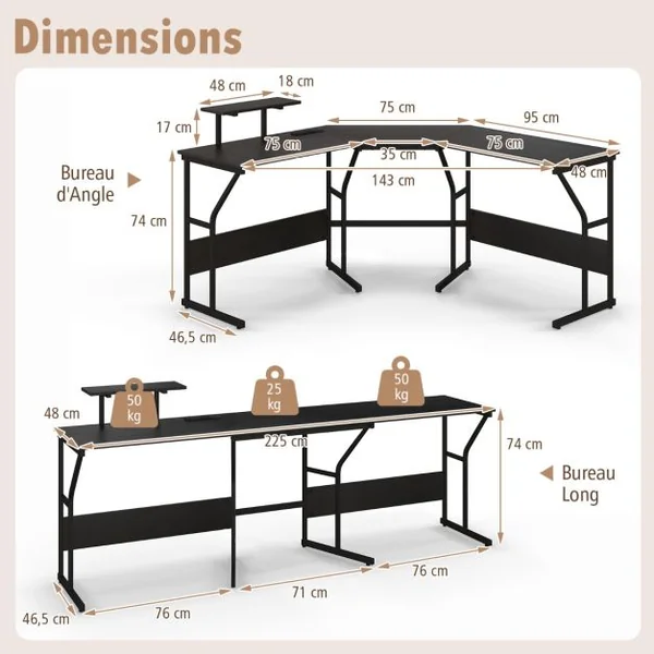 Bureau en Forme de ‘L’ avec Prises de Courant Bureau d'Angle avec Support d'Ecran Amovible Poste de Travail de 225 cm de Long Noir/Marron Rustique