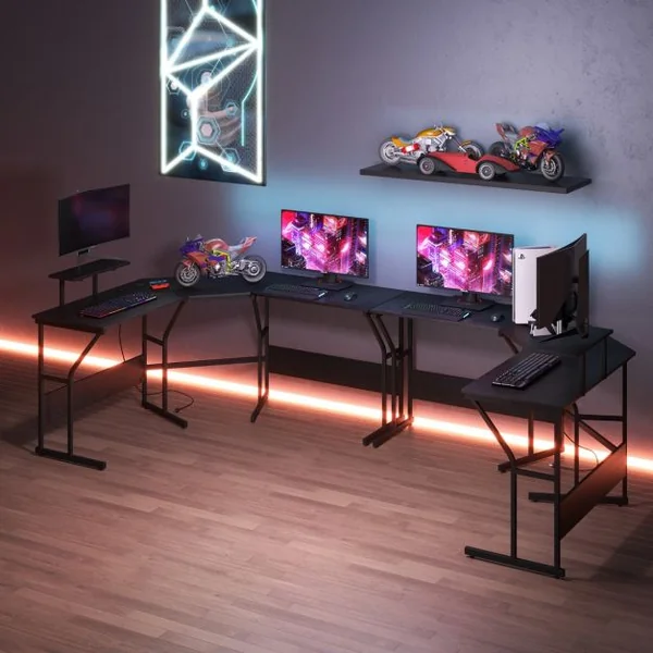Bureau en Forme de ‘L’ avec Prises de Courant Bureau d'Angle avec Support d'Ecran Amovible Poste de Travail de 225 cm de Long Noir/Marron Rustique