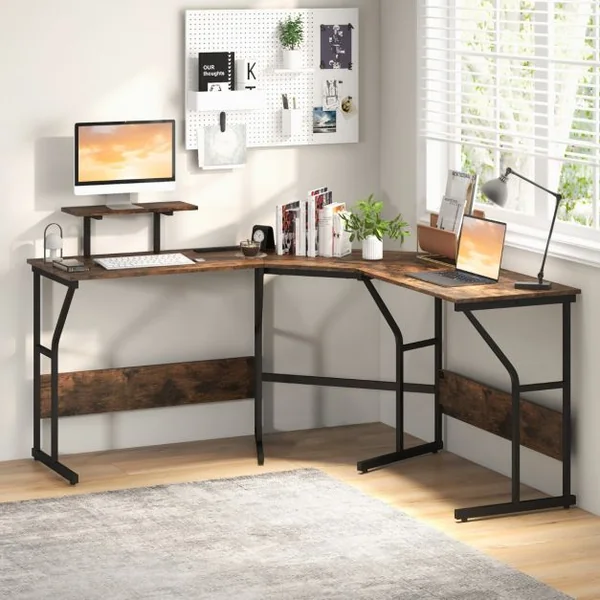 Bureau en Forme de ‘L’ avec Prises de Courant Bureau d'Angle avec Support d'Ecran Amovible Poste de Travail de 225 cm de Long Noir/Marron Rustique