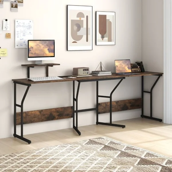 Bureau en Forme de ‘L’ avec Prises de Courant Bureau d'Angle avec Support d'Ecran Amovible Poste de Travail de 225 cm de Long Noir/Marron Rustique