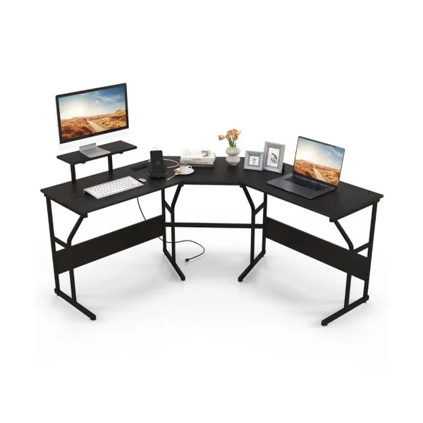Bureau en Forme de ‘L’ avec Prises de Courant Bureau d'Angle avec Support d'Ecran Amovible Poste de Travail de 225 cm de Long Noir/Marron Rustique