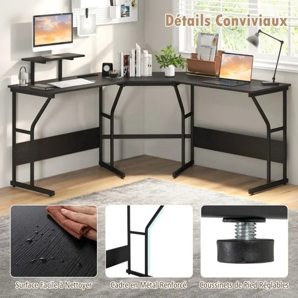 Bureau en Forme de ‘L’ avec Prises de Courant Bureau d'Angle avec Support d'Ecran Amovible Poste de Travail de 225 cm de Long Noir/Marron Rustique