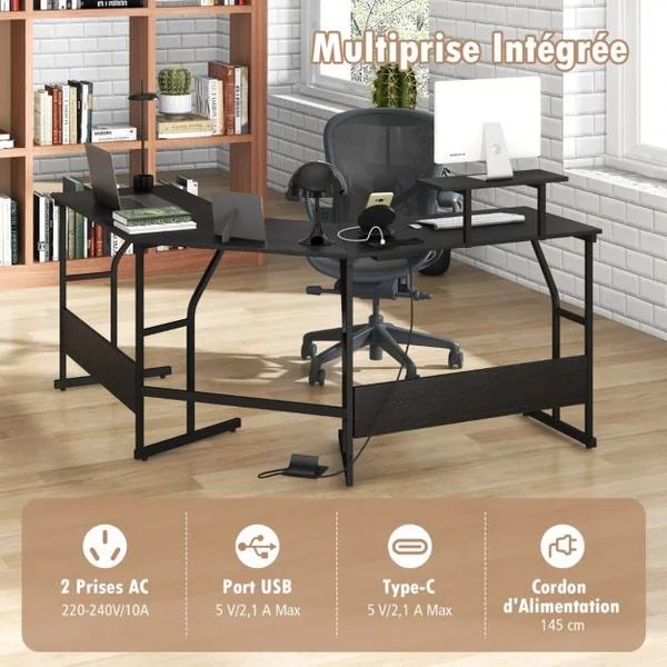 Bureau en Forme de ‘L’ avec Prises de Courant Bureau d'Angle avec Support d'Ecran Amovible Poste de Travail de 225 cm de Long Noir/Marron Rustique
