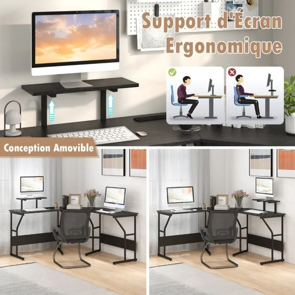 Bureau en Forme de ‘L’ avec Prises de Courant Bureau d'Angle avec Support d'Ecran Amovible Poste de Travail de 225 cm de Long Noir/Marron Rustique