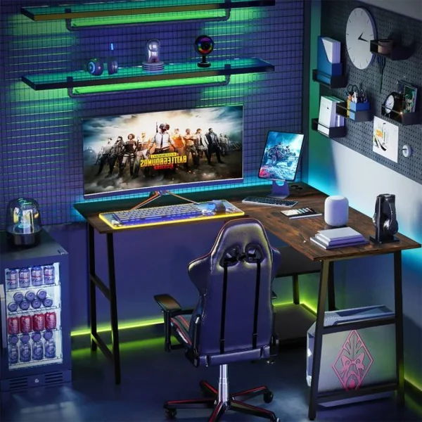 Bureau en Forme de ‘L’ avec Prises de Courant et Ports USB Bureau d'Angle de 120cm Etagères de Rangement Cadre en Métal Marron Rustique