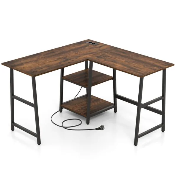 Bureau en Forme de ‘L’ avec Prises de Courant et Ports USB Bureau d'Angle de 120cm Etagères de Rangement Cadre en Métal Marron Rustique