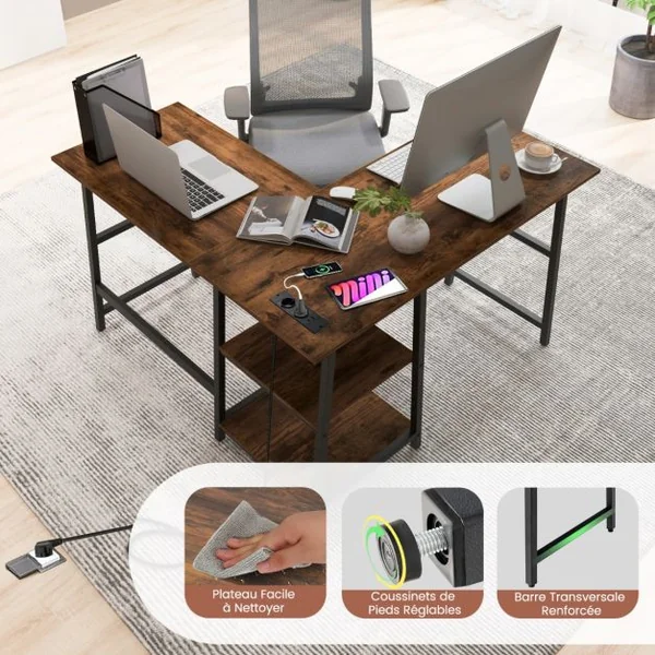 Bureau en Forme de ‘L’ avec Prises de Courant et Ports USB Bureau d'Angle de 120cm Etagères de Rangement Cadre en Métal Marron Rustique