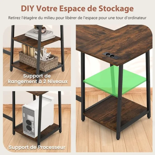Bureau en Forme de ‘L’ avec Prises de Courant et Ports USB Bureau d'Angle de 120cm Etagères de Rangement Cadre en Métal Marron Rustique