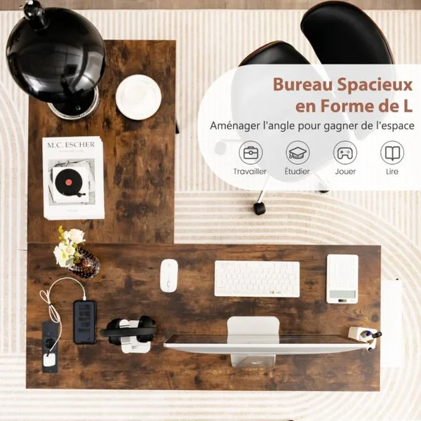 Bureau en Forme de ‘L’ avec Prises de Courant et Ports USB Bureau d'Angle de 120cm Etagères de Rangement Cadre en Métal Marron Rustique