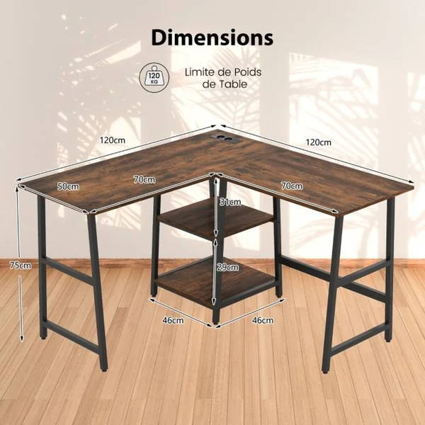 Bureau en Forme de ‘L’ avec Prises de Courant et Ports USB Bureau d'Angle de 120cm Etagères de Rangement Cadre en Métal Marron Rustique