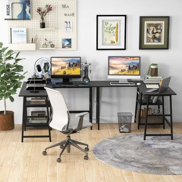 Bureau en Forme de ‘L’ avec Prises de Courant et Ports USB Bureau d'Angle de 120cm Etagères de Rangement Cadre en Métal Noir