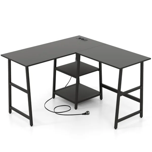 Bureau en Forme de ‘L’ avec Prises de Courant et Ports USB Bureau d'Angle de 120cm Etagères de Rangement Cadre en Métal Noir
