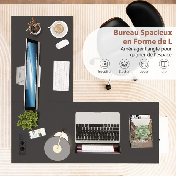 Bureau en Forme de ‘L’ avec Prises de Courant et Ports USB Bureau d'Angle de 120cm Etagères de Rangement Cadre en Métal Noir