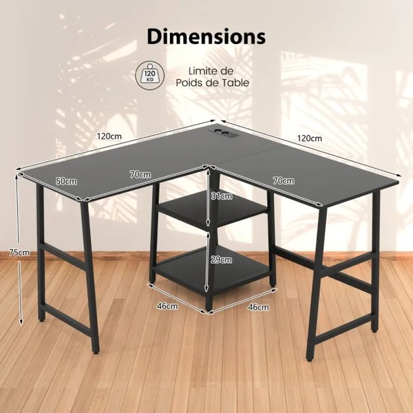 Bureau en Forme de ‘L’ avec Prises de Courant et Ports USB Bureau d'Angle de 120cm Etagères de Rangement Cadre en Métal Noir