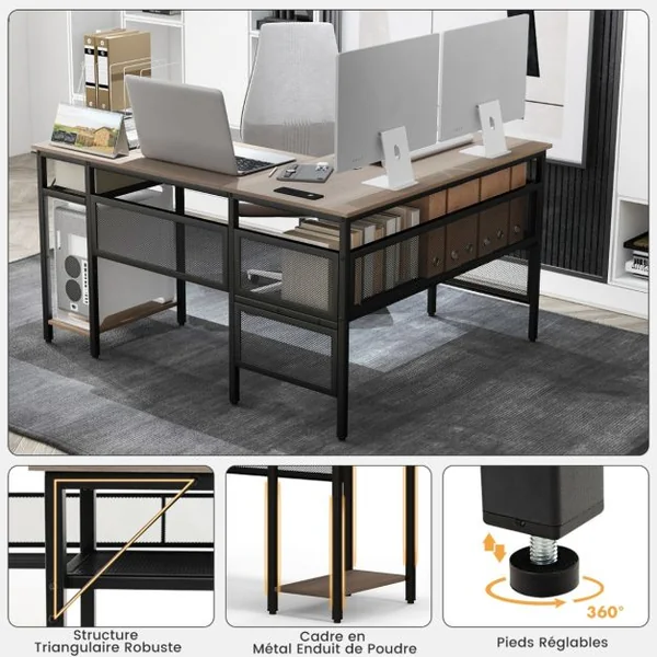 Bureau en Forme de L Bureau d’Angle Réversible avec Étagères de Rangement en Treillis Support CPU Bureau de Jeu Gris