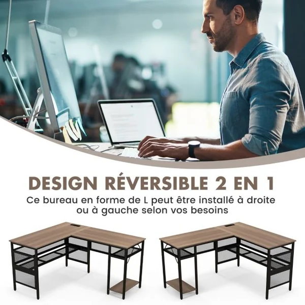 Bureau en Forme de L Bureau d’Angle Réversible avec Étagères de Rangement en Treillis Support CPU Bureau de Jeu Gris