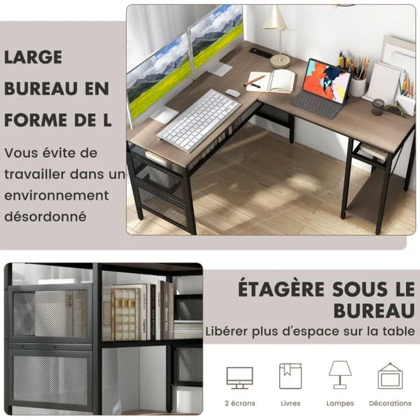 Bureau en Forme de L Bureau d’Angle Réversible avec Étagères de Rangement en Treillis Support CPU Bureau de Jeu Gris