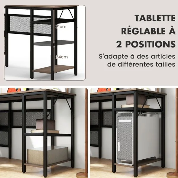 Bureau en Forme de L Bureau d’Angle Réversible avec Étagères de Rangement en Treillis Support CPU Bureau de Jeu Gris
