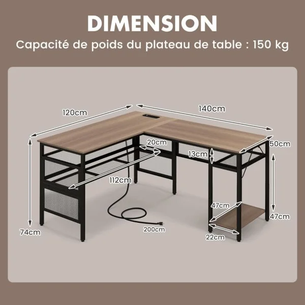 Bureau en Forme de L Bureau d’Angle Réversible avec Étagères de Rangement en Treillis Support CPU Bureau de Jeu Gris