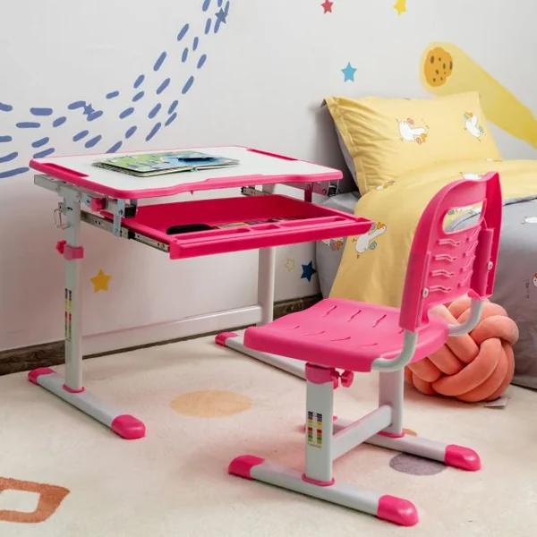 Bureau Enfant à Hauteur Réglable Inclinable 0-45° Ensemble Table et Chaise avec Plateau 1 Tiroir et Crochet en Métal Bleu