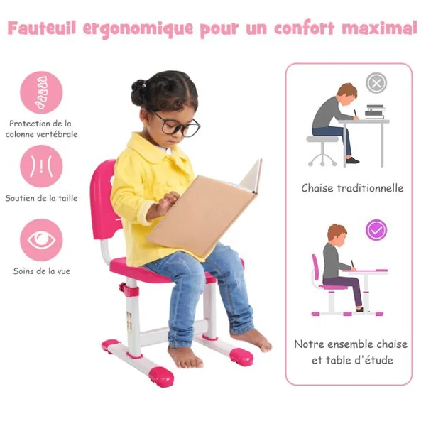 Bureau Enfant à Hauteur Réglable Inclinable 0-45° Ensemble Table et Chaise avec Plateau 1 Tiroir et Crochet en Métal Bleu