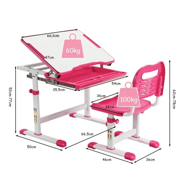 Bureau Enfant à Hauteur Réglable Inclinable 0-45° Ensemble Table et Chaise avec Plateau 1 Tiroir et Crochet en Métal Bleu