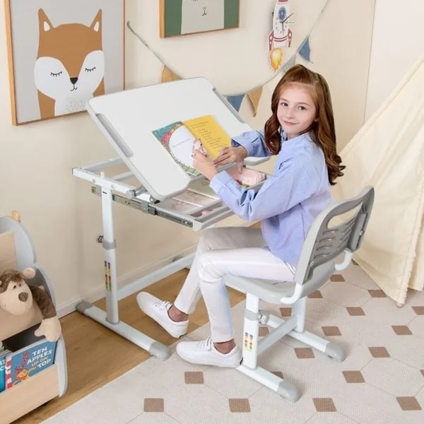 Bureau Enfant à Hauteur Réglable Inclinable 0-45° Ensemble Table et Chaise avec Plateau 1 Tiroir et Crochet en Métal Bleu