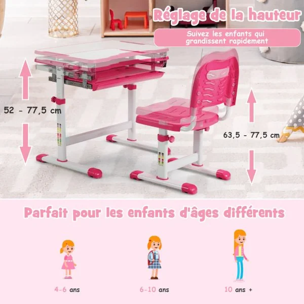 Bureau Enfant à Hauteur Réglable Inclinable 0-45° Ensemble Table et Chaise avec Plateau 1 Tiroir et Crochet en Métal Bleu