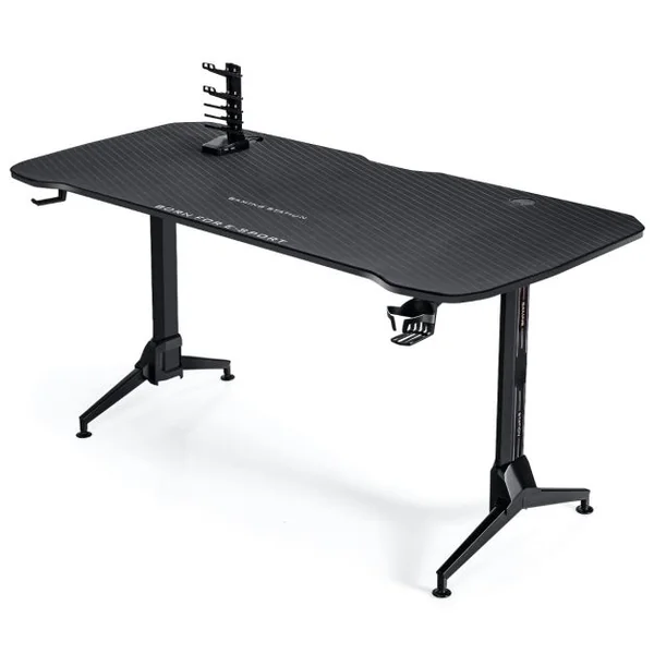 Bureau Gamer Hauteur Réglable Surface en Fibre de Carbone avec Tapis de Souris Intégral 2 Passe-câbles Crochet pour Casque
