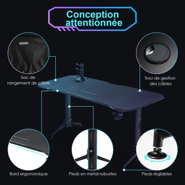 Bureau Gamer Hauteur Réglable Surface en Fibre de Carbone avec Tapis de Souris Intégral 2 Passe-câbles Crochet pour Casque
