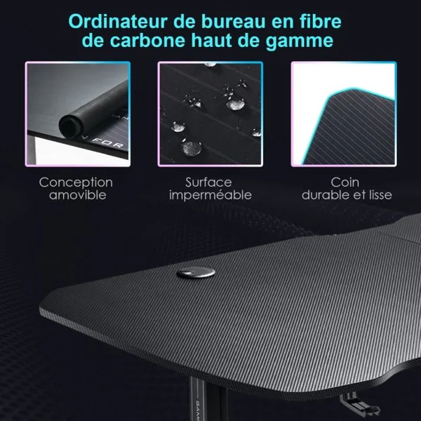 Bureau Gamer Hauteur Réglable Surface en Fibre de Carbone avec Tapis de Souris Intégral 2 Passe-câbles Crochet pour Casque