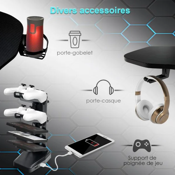 Bureau Gamer Hauteur Réglable Surface en Fibre de Carbone avec Tapis de Souris Intégral 2 Passe-câbles Crochet pour Casque