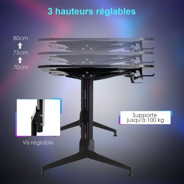 Bureau Gamer Hauteur Réglable Surface en Fibre de Carbone avec Tapis de Souris Intégral 2 Passe-câbles Crochet pour Casque
