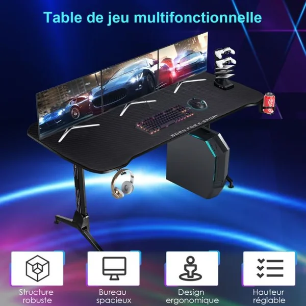 Bureau Gamer Hauteur Réglable Surface en Fibre de Carbone avec Tapis de Souris Intégral 2 Passe-câbles Crochet pour Casque