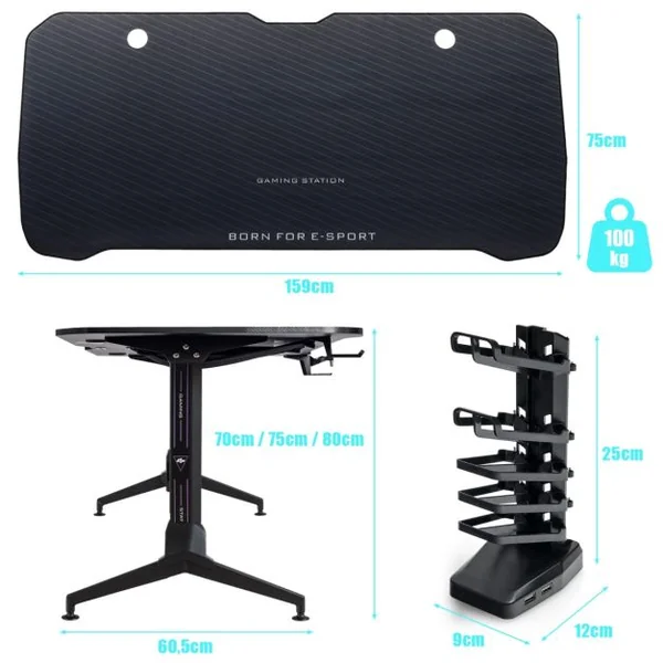 Bureau Gamer Hauteur Réglable Surface en Fibre de Carbone avec Tapis de Souris Intégral 2 Passe-câbles Crochet pour Casque