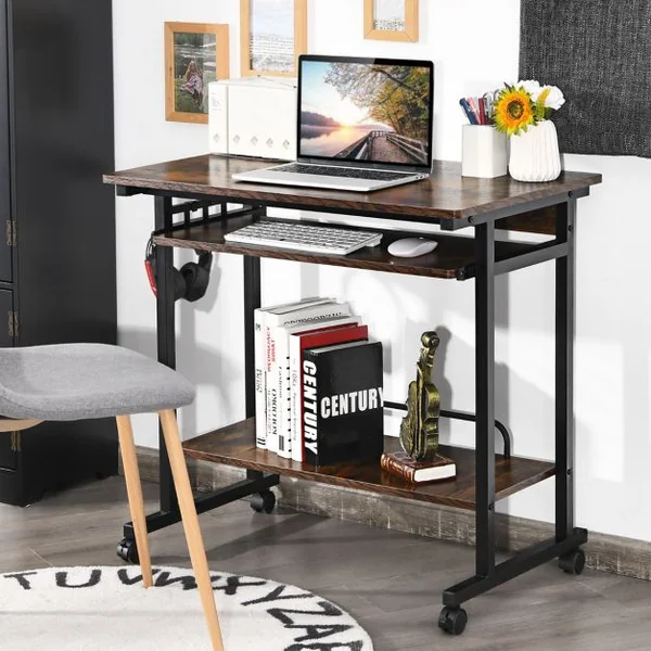 Bureau Gamer/Table Informatique à roulettes 3 Tablettes et Porte Casque 80 x 50 x 75 CM Marron Rustique
