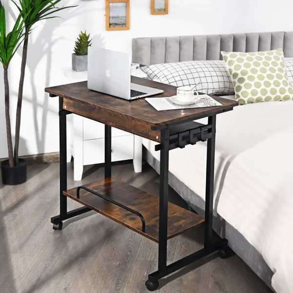 Bureau Gamer/Table Informatique à roulettes 3 Tablettes et Porte Casque 80 x 50 x 75 CM Marron Rustique