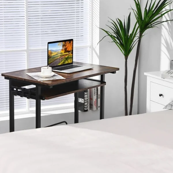 Bureau Gamer/Table Informatique à roulettes 3 Tablettes et Porte Casque 80 x 50 x 75 CM Marron Rustique