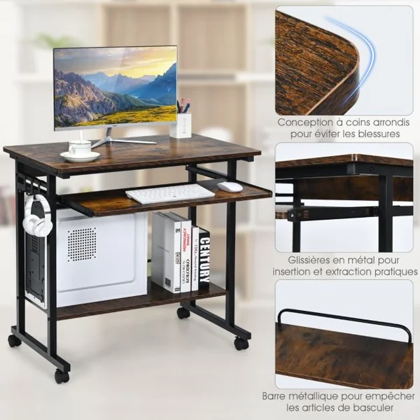 Bureau Gamer/Table Informatique à roulettes 3 Tablettes et Porte Casque 80 x 50 x 75 CM Marron Rustique
