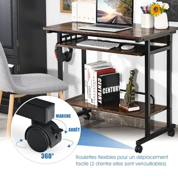 Bureau Gamer/Table Informatique à roulettes 3 Tablettes et Porte Casque 80 x 50 x 75 CM Marron Rustique