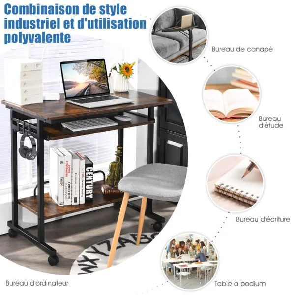 Bureau Gamer/Table Informatique à roulettes 3 Tablettes et Porte Casque 80 x 50 x 75 CM Marron Rustique