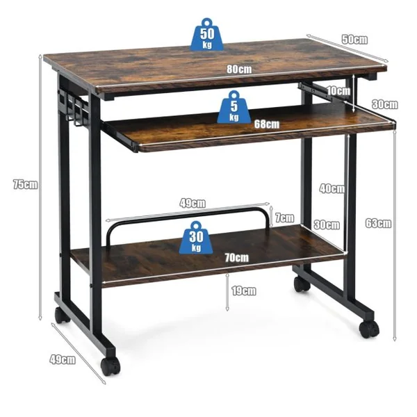 Bureau Gamer/Table Informatique à roulettes 3 Tablettes et Porte Casque 80 x 50 x 75 CM Marron Rustique