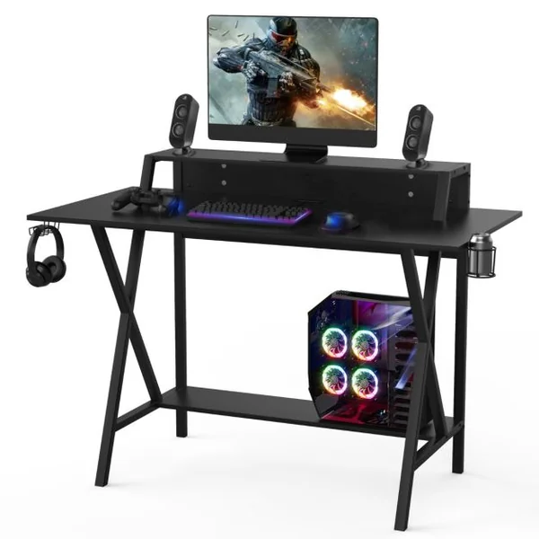 Bureau Gaming L122 x l60 x H91 CM Table Gamer Double Plateau Crochet pour Casque Porte-Gobelet Étagère Inférieure
