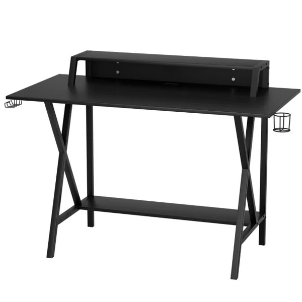 Bureau Gaming L122 x l60 x H91 CM Table Gamer Double Plateau Crochet pour Casque Porte-Gobelet Étagère Inférieure