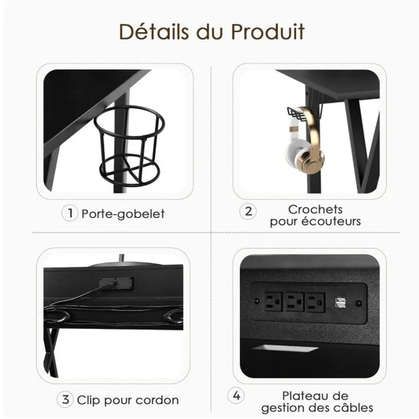 Bureau Gaming L122 x l60 x H91 CM Table Gamer Double Plateau Crochet pour Casque Porte-Gobelet Étagère Inférieure