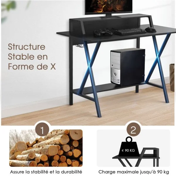 Bureau Gaming L122 x l60 x H91 CM Table Gamer Double Plateau Crochet pour Casque Porte-Gobelet Étagère Inférieure