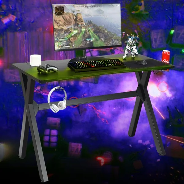 Bureau Gaming pour Gamer 123,5 x 60 x 76 CM Table Ergonomique avec Porte-Gobelet Crochet pour Casque et Tapis de Souris